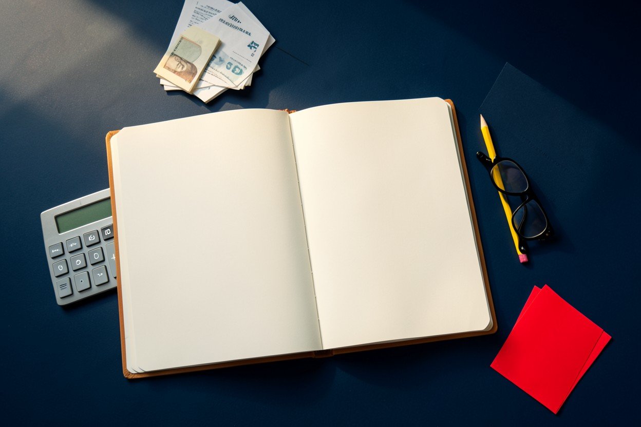 Cuaderno, calculadora y documentos para consultar la información legal