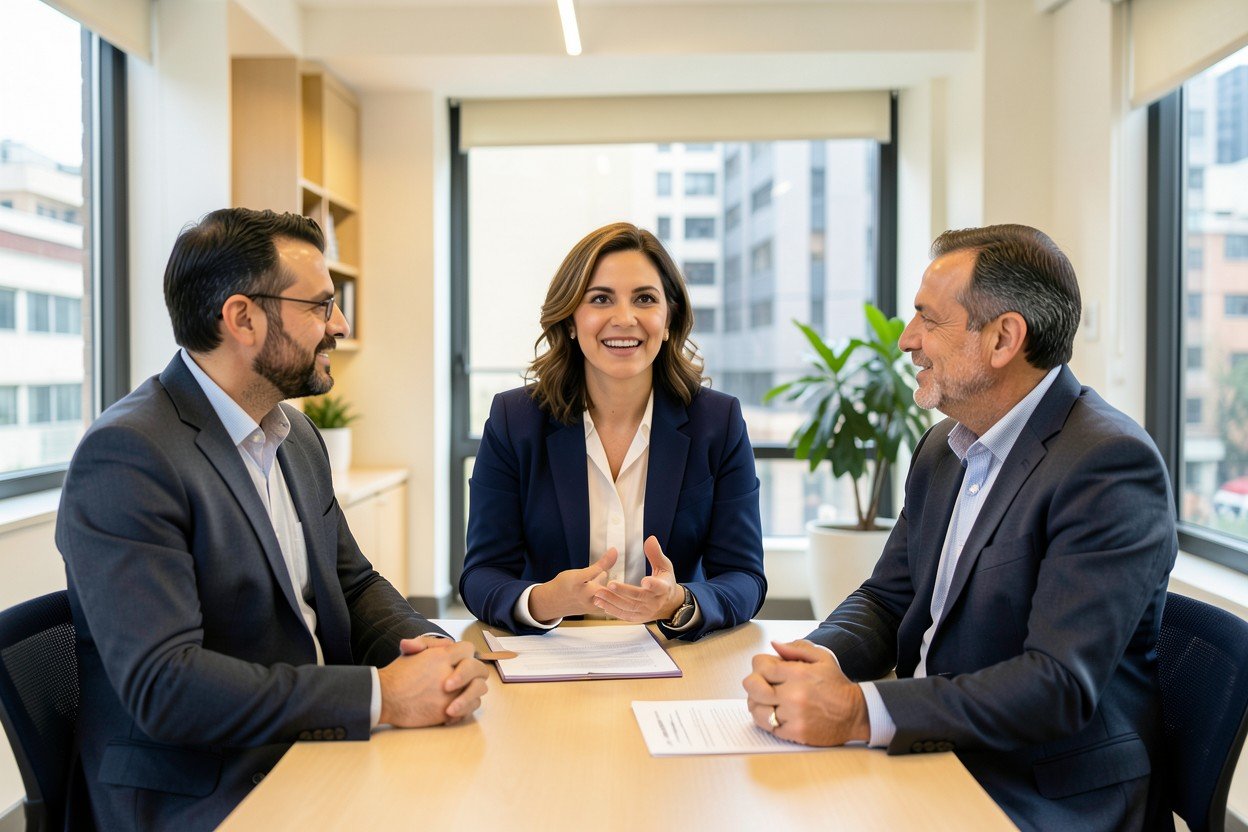 Personas conversando sobre finanzas en una oficina luminosa